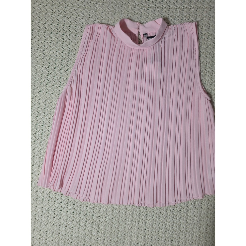 Zara Pleated Top Womens Medium Pink New High Neck Sleeveless Keyhole Back Blouse